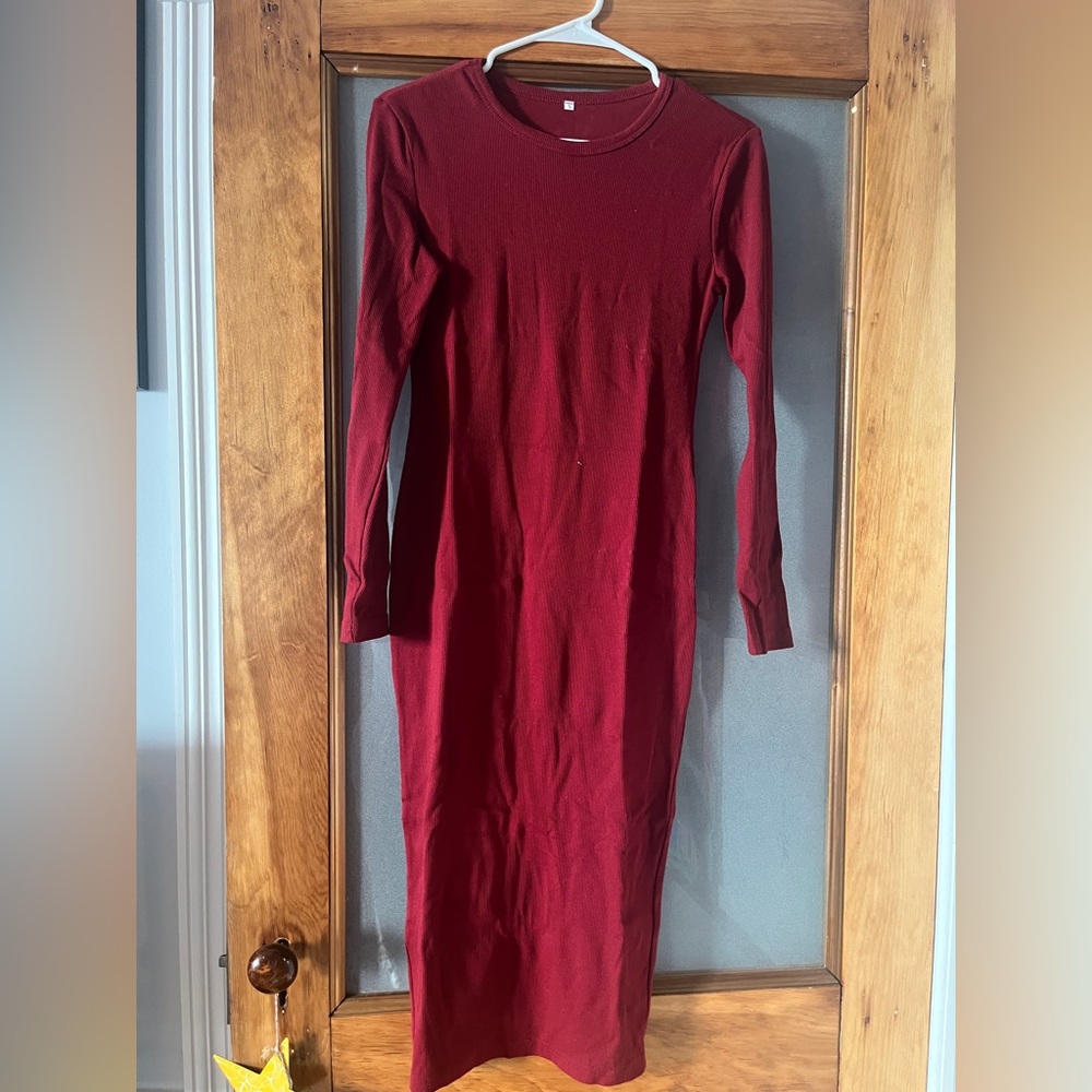 Red Long Sleeve Ribbed Bodycon Dress